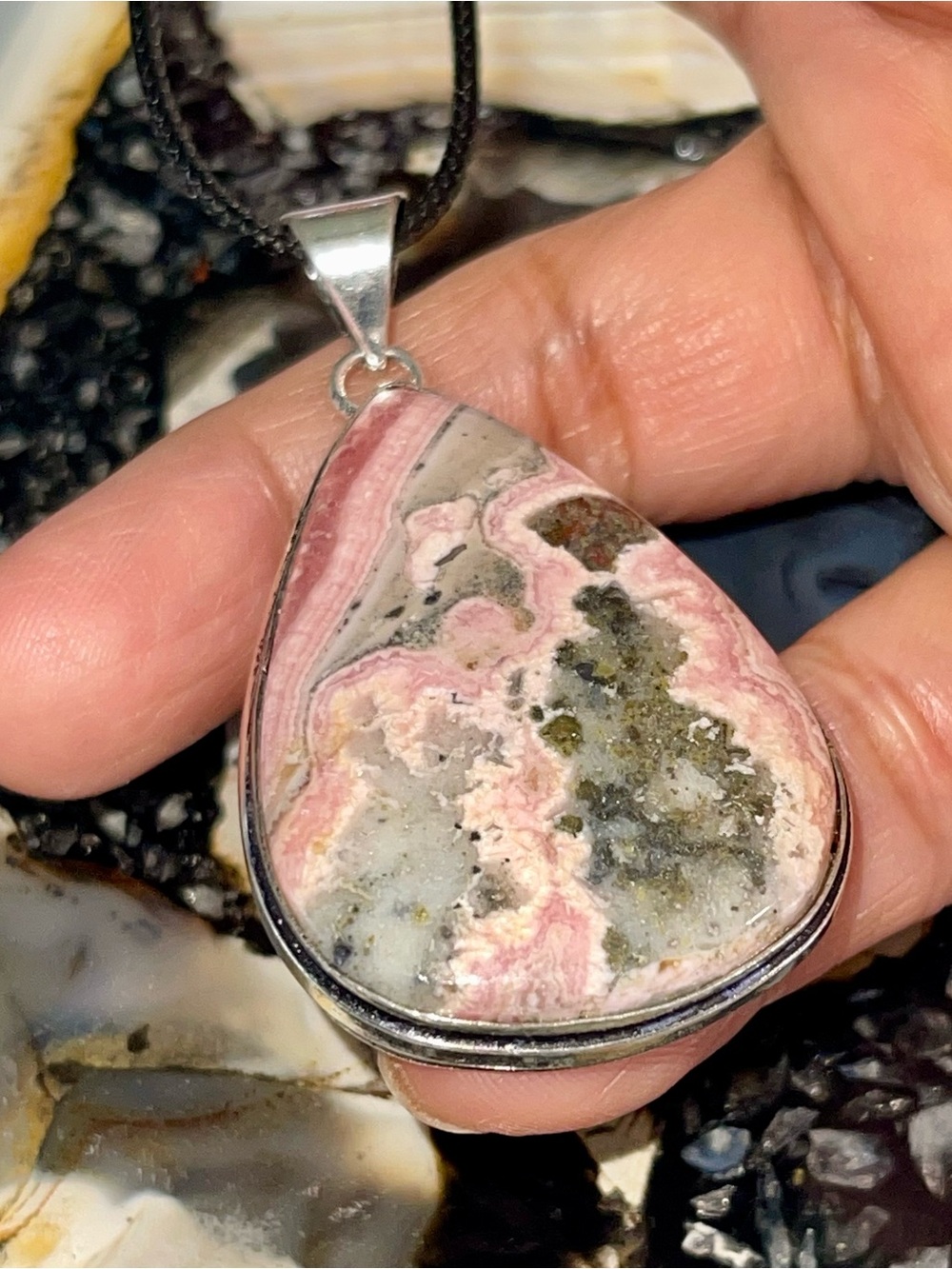 Beautiful Pink Rhodochrosite in Pyrite Pendant 2 1/4”